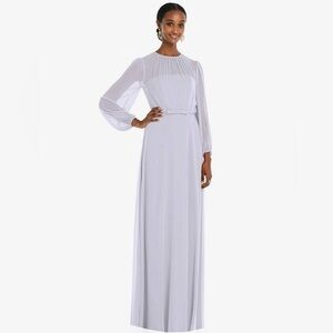 NWT Dessy Strapless Puff Sleeve Blouson Maxi Silver Dove Dress Size 14